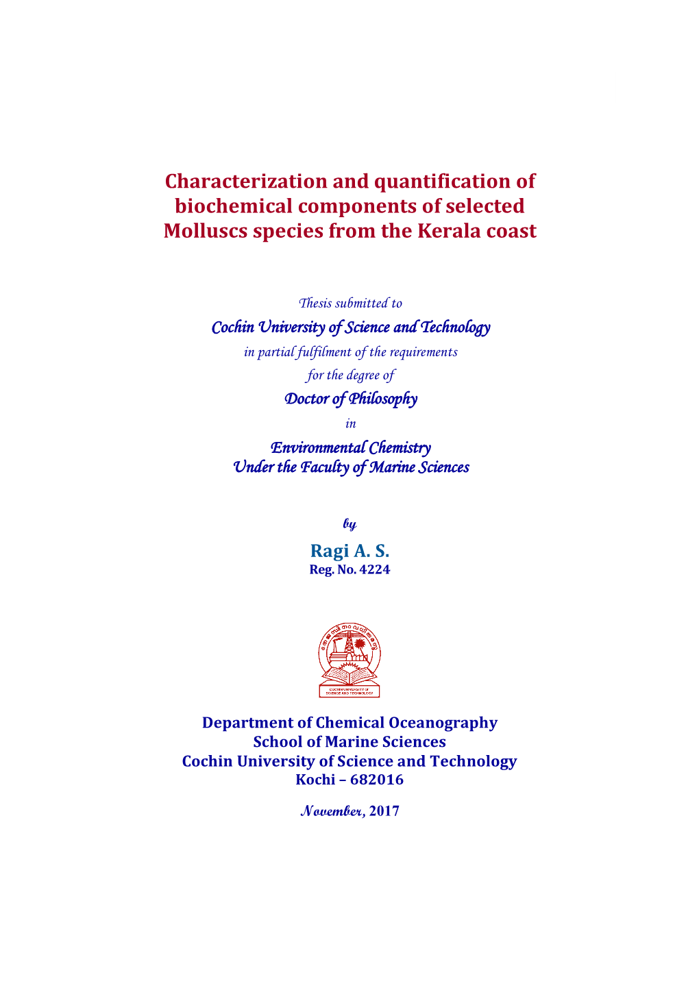 Characterization and Quantification of Biochemical Components of Selected Molluscs Species from the Kerala Coast