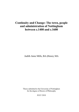 Continuity and Change: the Town, People and Administration of Nottingham Between C.1400 and C.1600