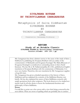 Metaphysics of Saiva Siddhantam Slvagnana BODHAM by THIRUVILANKAR CANAGARAYAR L96l Presentation: Veeraswamy Krishnaraj