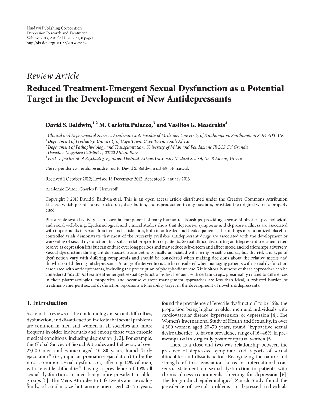 Review Article Reduced Treatment-Emergent Sexual Dysfunction As a Potential Target in the Development of New Antidepressants