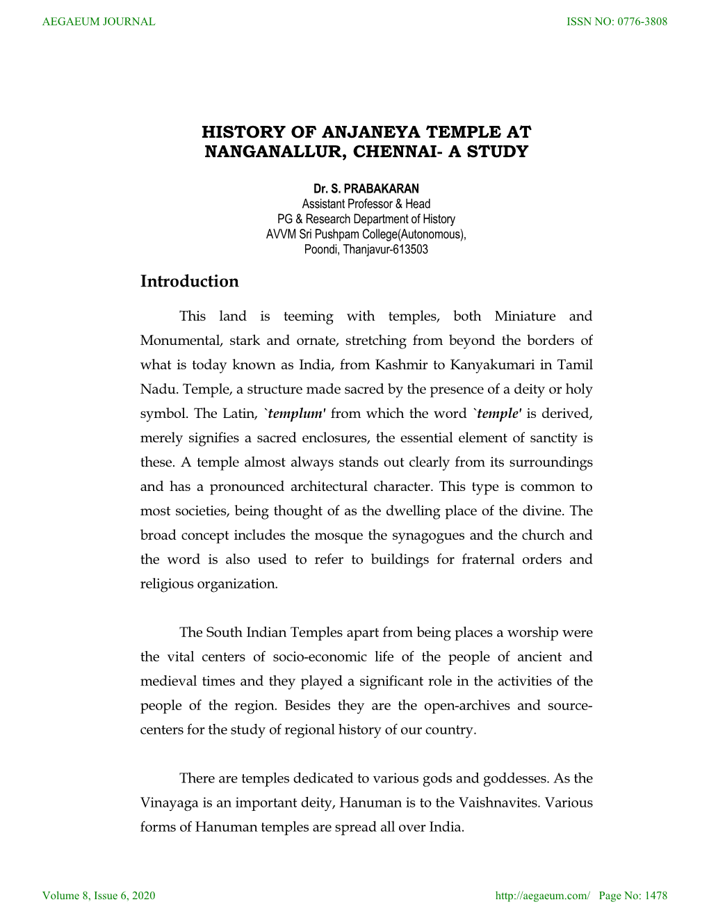 History of Anjaneya Temple at Nanganallur, Chennai- a Study