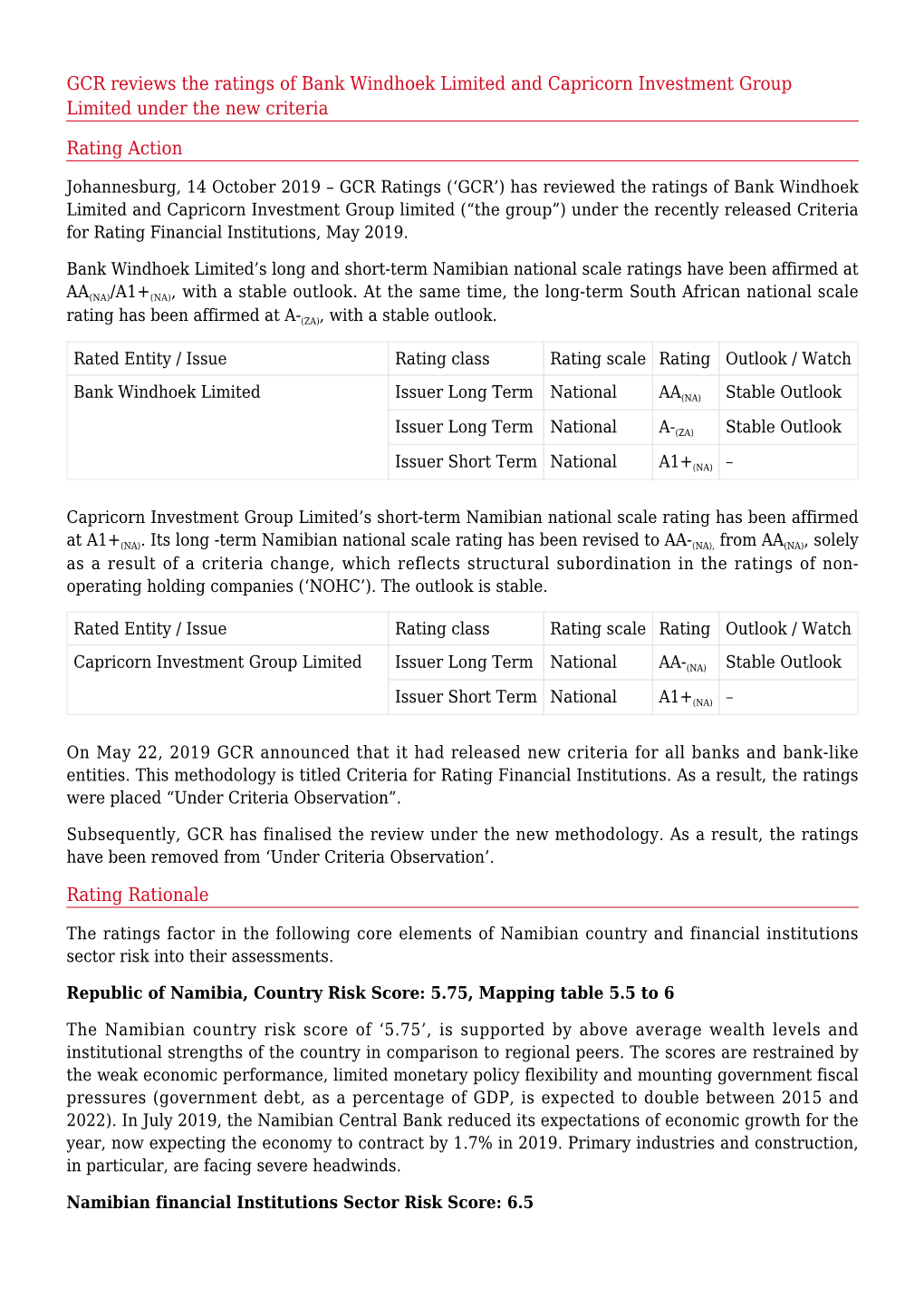 GCR Reviews the Ratings of Bank Windhoek Limited and Capricorn Investment Group Limited Under the New Criteria