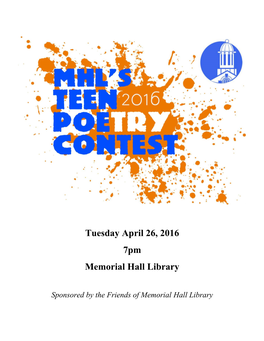 Tuesday April 26, 2016 7Pm Memorial Hall Library