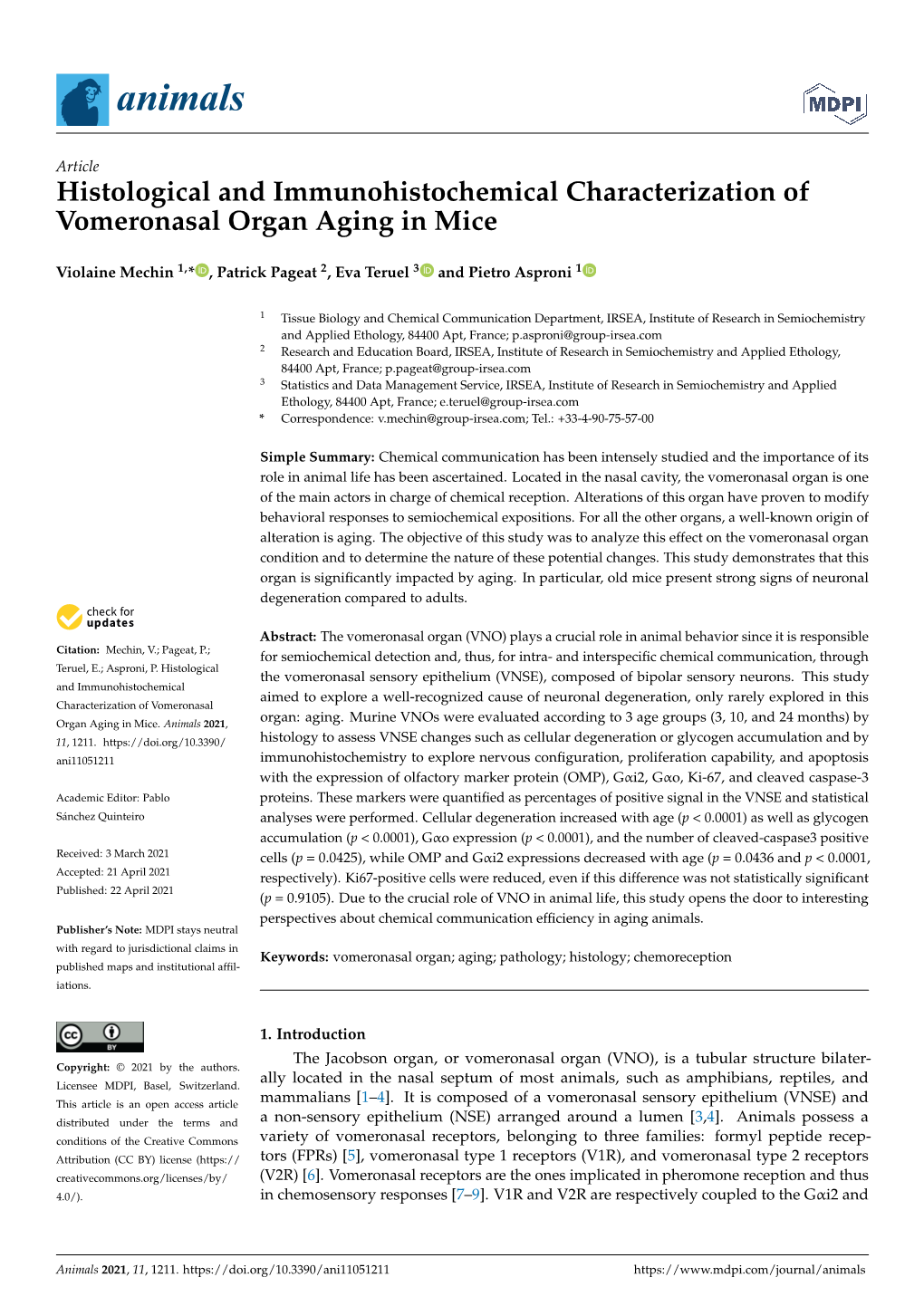 Histological and Immunohistochemical Characterization of Vomeronasal Organ Aging in Mice