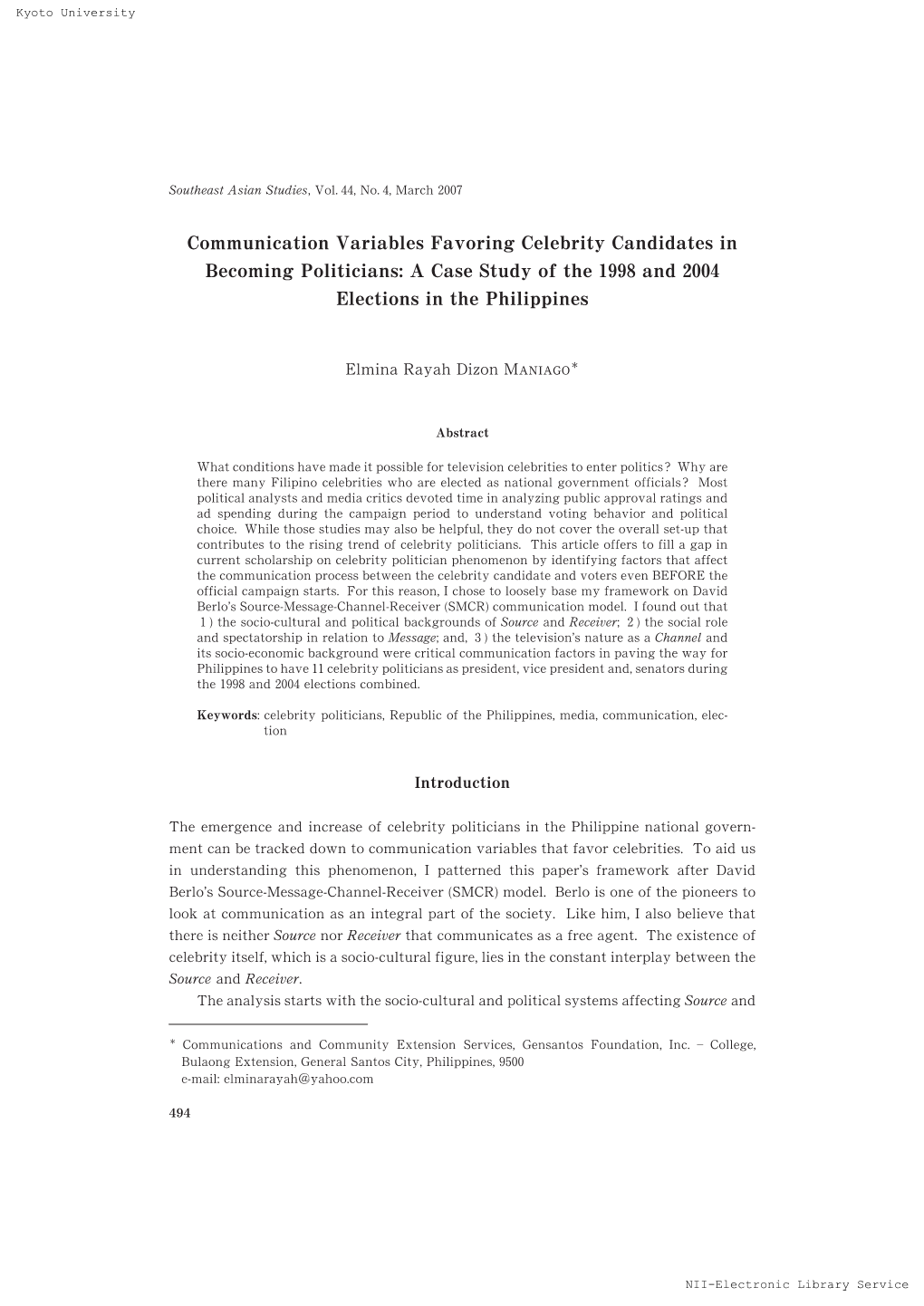 Communication Variables Favoring Celebrity Candidates in Becoming Politicians: a Case Study of the ῍Ῑῑῐ and ῎ῌῌ῏ Elections in the Philippines