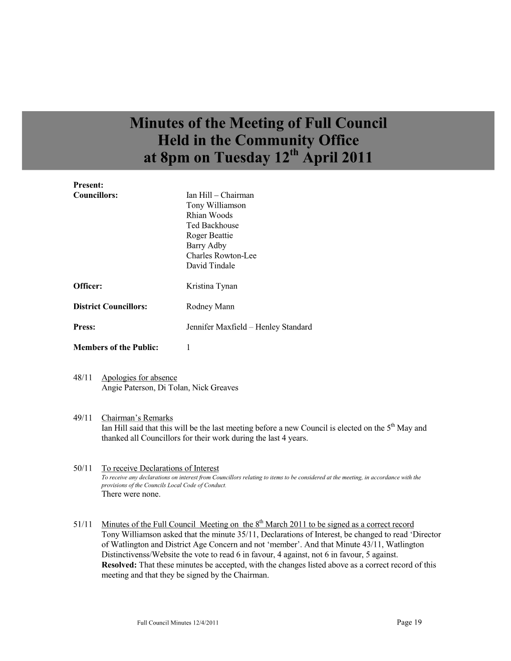 Minutes of the Meeting of Full Council Held in the Community Office