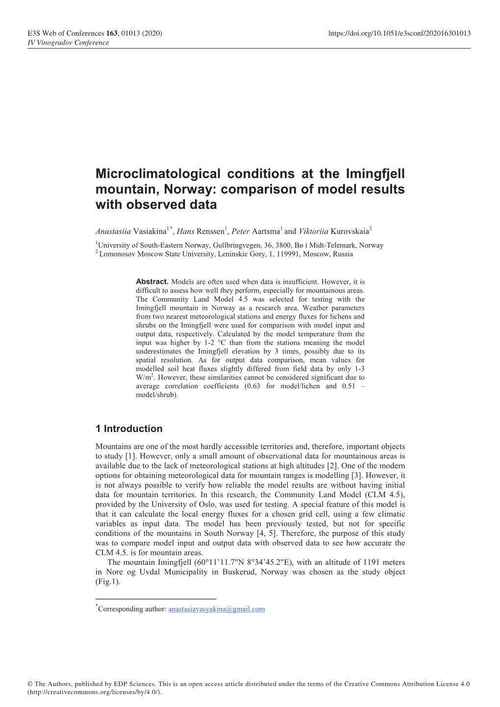 Microclimatological Conditions at the Imingfjell Mountain, Norway: Comparison of Model Results with Observed Data