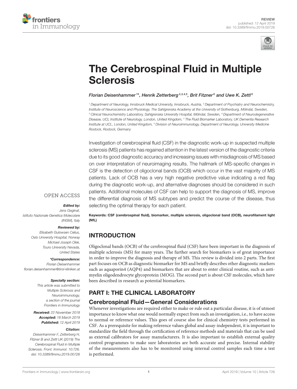 The Cerebrospinal Fluid in Multiple Sclerosis