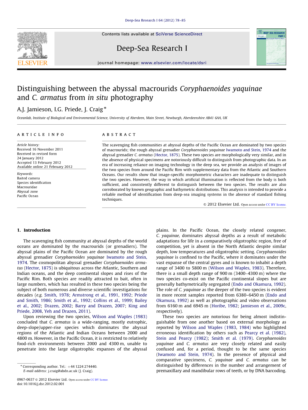 Distinguishing Between the Abyssal Macrourids Coryphaenoides Yaquinae and C