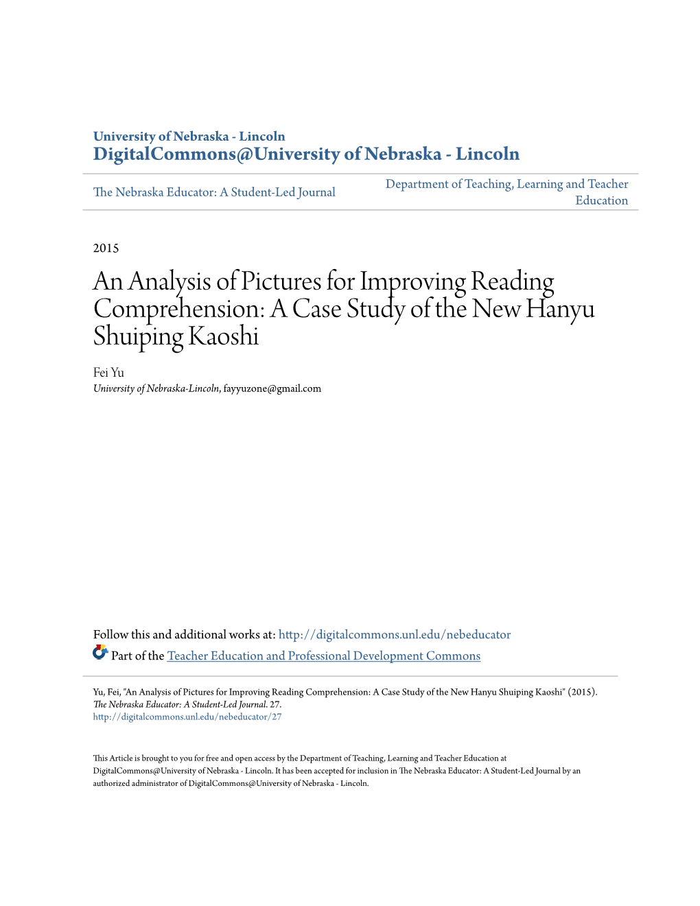 An Analysis of Pictures for Improving Reading Comprehension: a Case Study of the New Hanyu Shuiping Kaoshi Fei Yu University of Nebraska-Lincoln, Fayyuzone@Gmail.Com
