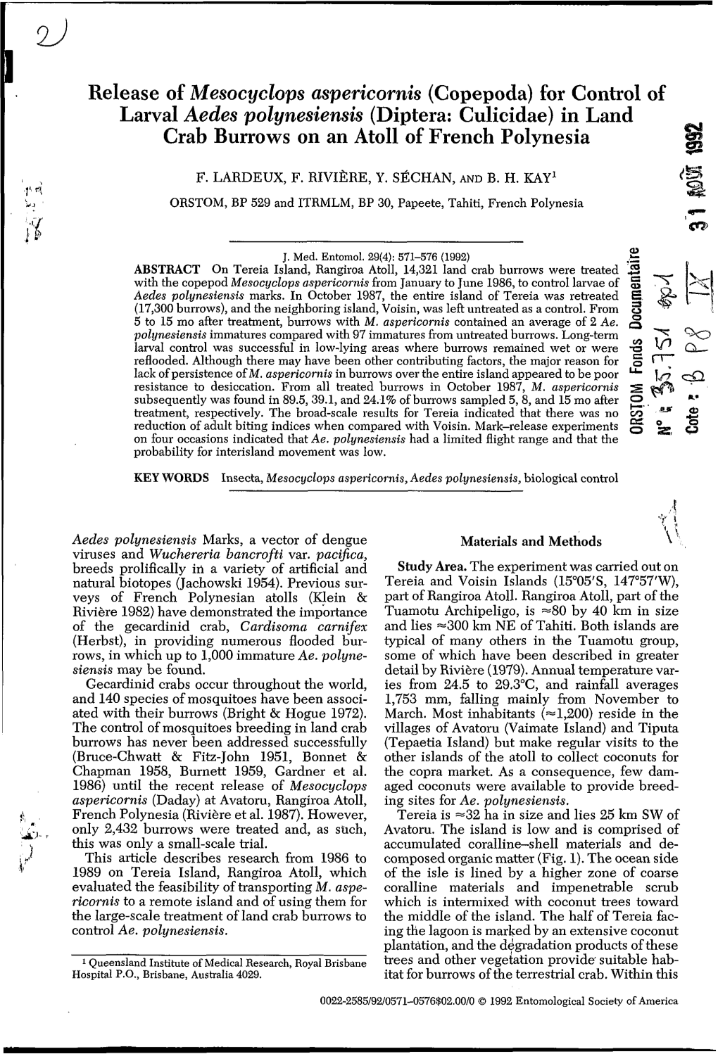 Release of Mesocyclops Aspericornis (Copepoda) for Control of Larval Aedes Polynesiensis (Diptera: Culicidae) in Land Crab Burrows on an Atoll of French Polynesia