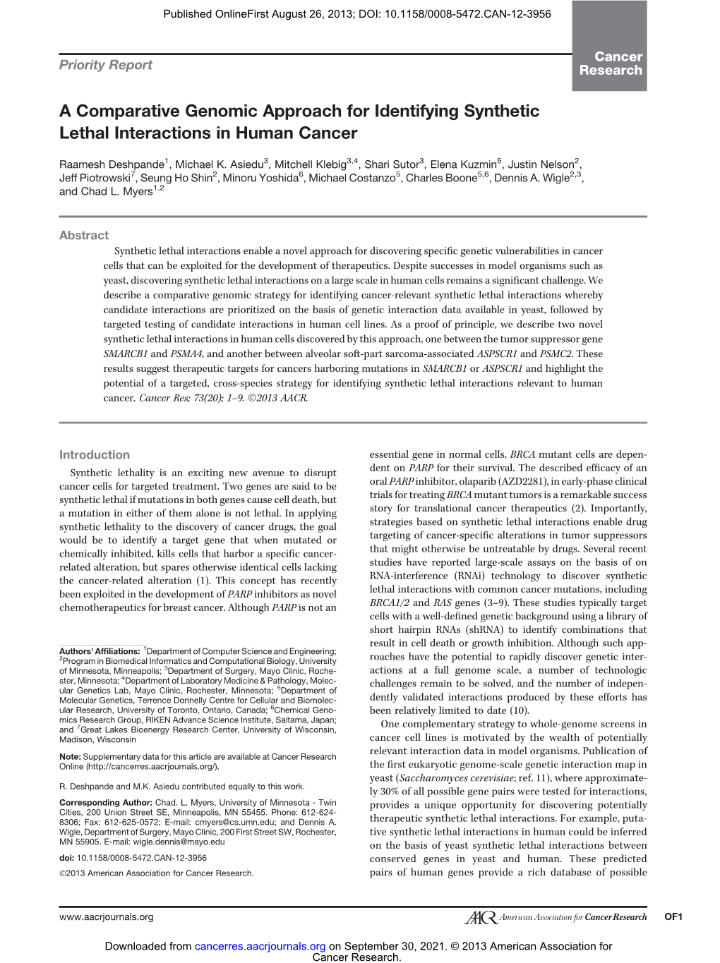 A Comparative Genomic Approach for Identifying Synthetic Lethal Interactions in Human Cancer