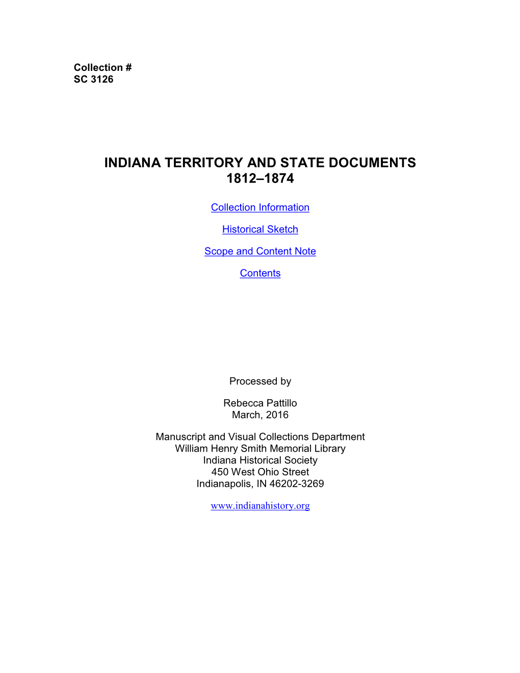 Indiana Territory and State Documents 1812–1874