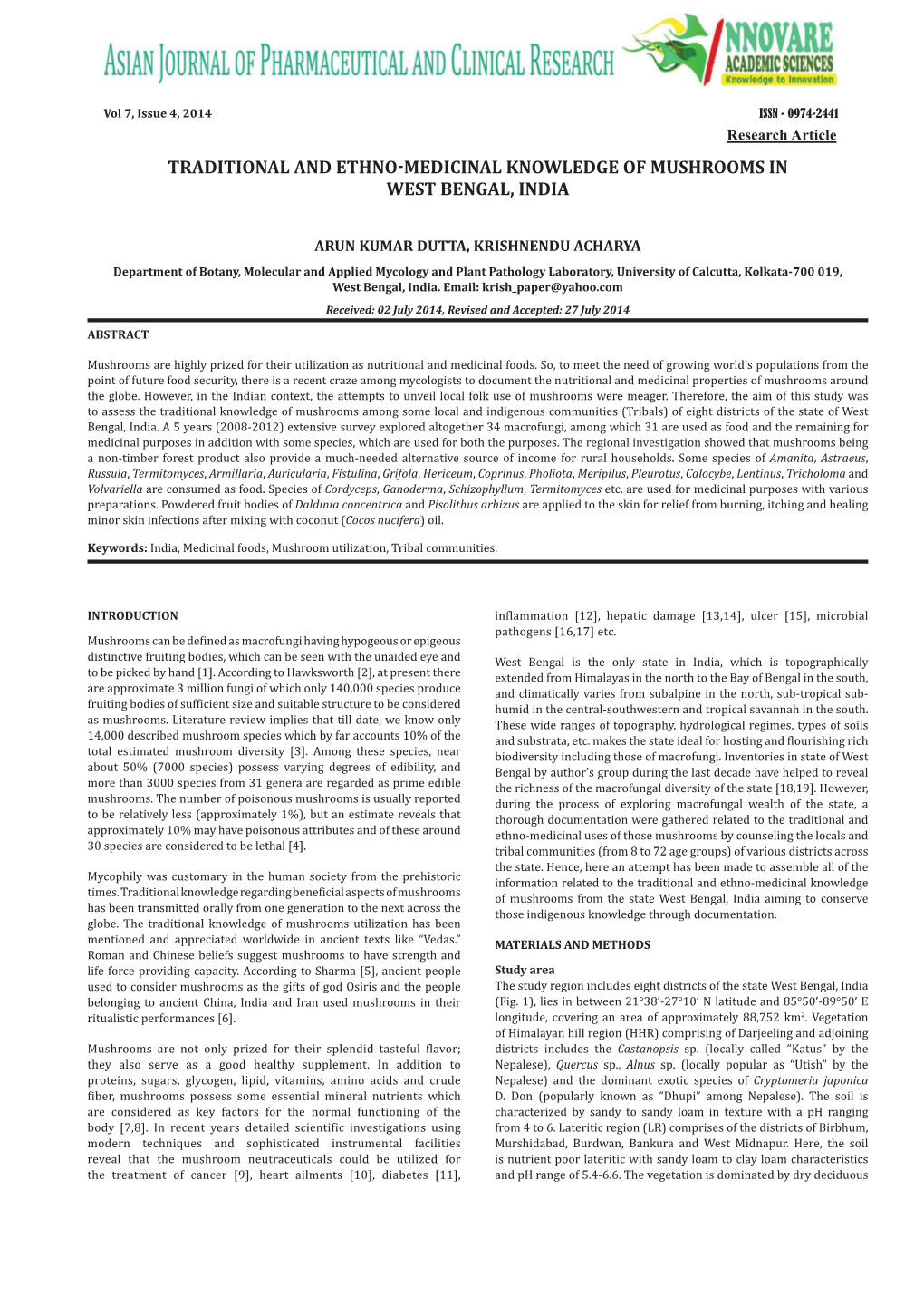 Traditional and Ethno-Medicinal Knowledge of Mushrooms in West Bengal, India