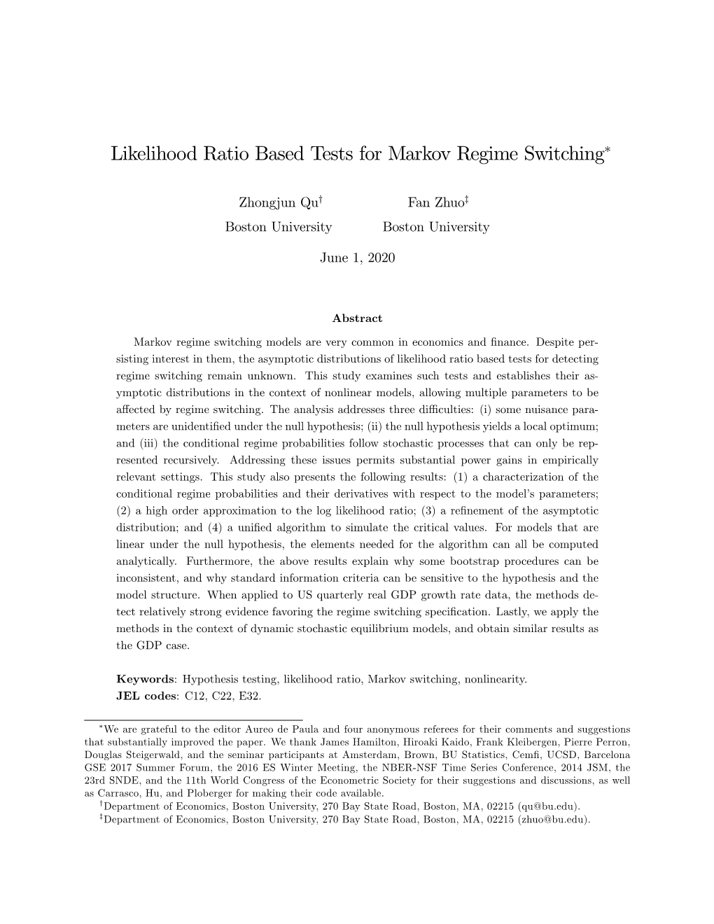 Likelihood Ratio Based Tests for Markov Regime Switching