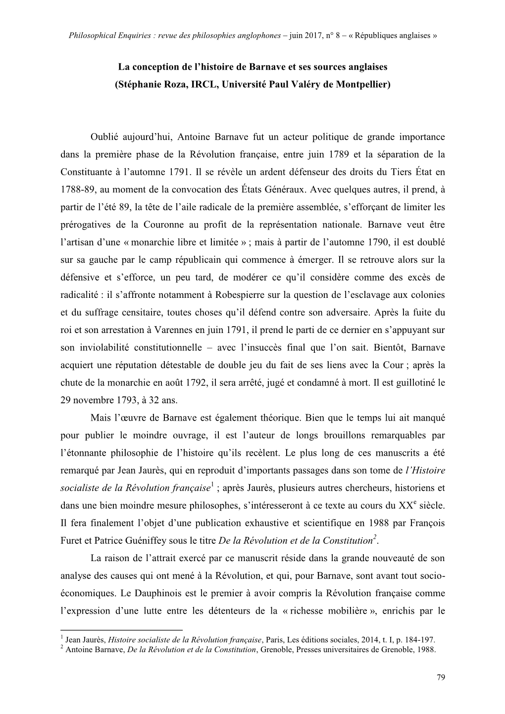 La Conception De L'histoire De Barnave Et Ses Sources Anglaises (Stéphanie Roza, IRCL, Université Paul Valéry De Montpellie