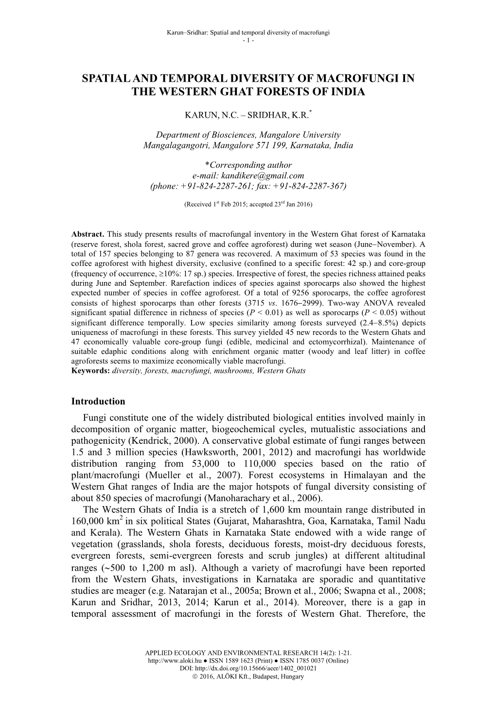 Spatial and Temporal Diversity of Macrofungi in the Western Ghat Forests of India