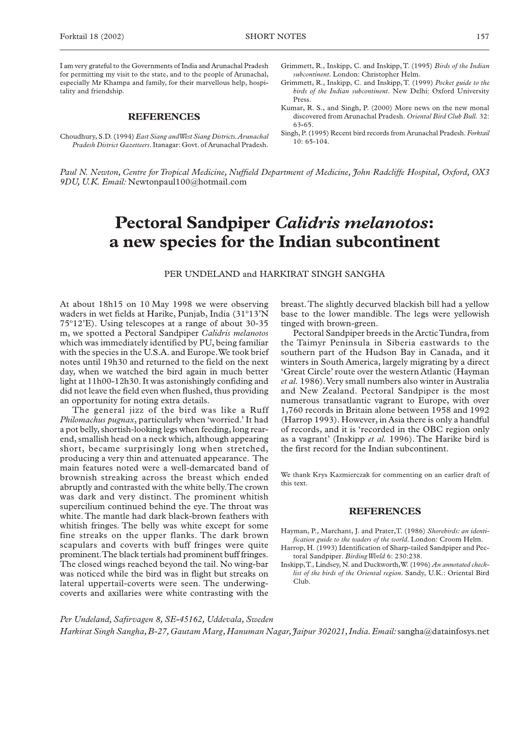 Pectoral Sandpiper Calidris Melanotos: a New Species for the Indian Subcontinent