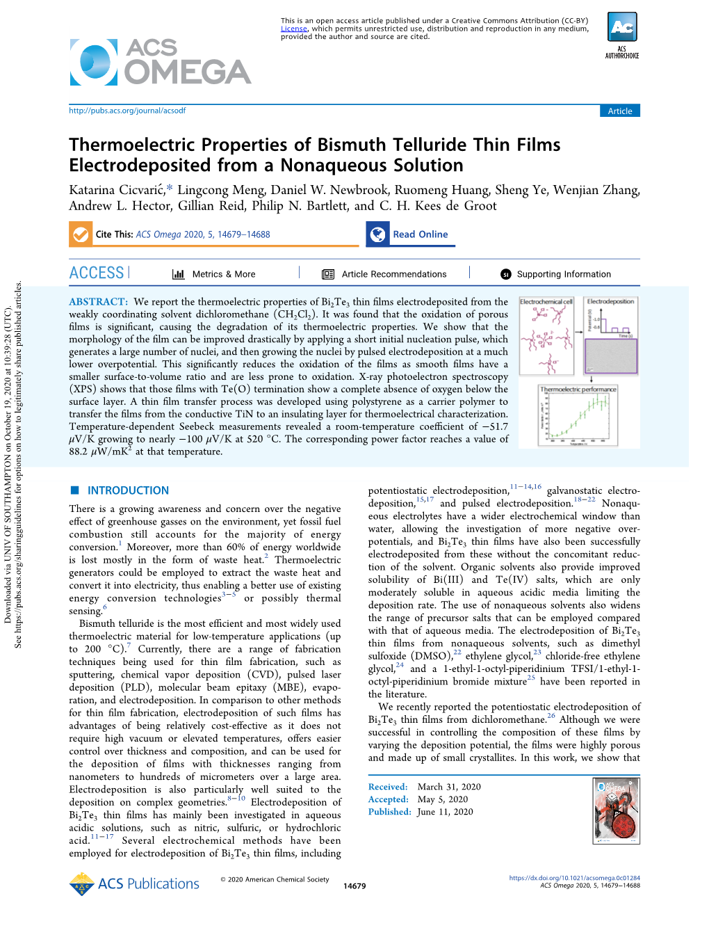 Thermoelectric Properties of Bismuth Telluride Thin Films Electrodeposited from a Nonaqueous Solution Katarina Cicvaric,́* Lingcong Meng, Daniel W