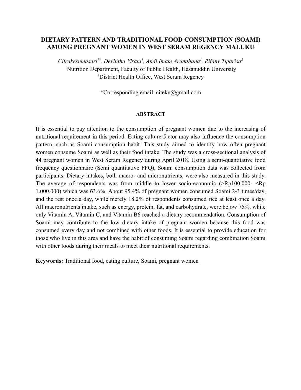 Dietary Pattern and Traditional Food Consumption (Soami) Among Pregnant Women in West Seram Regency Maluku