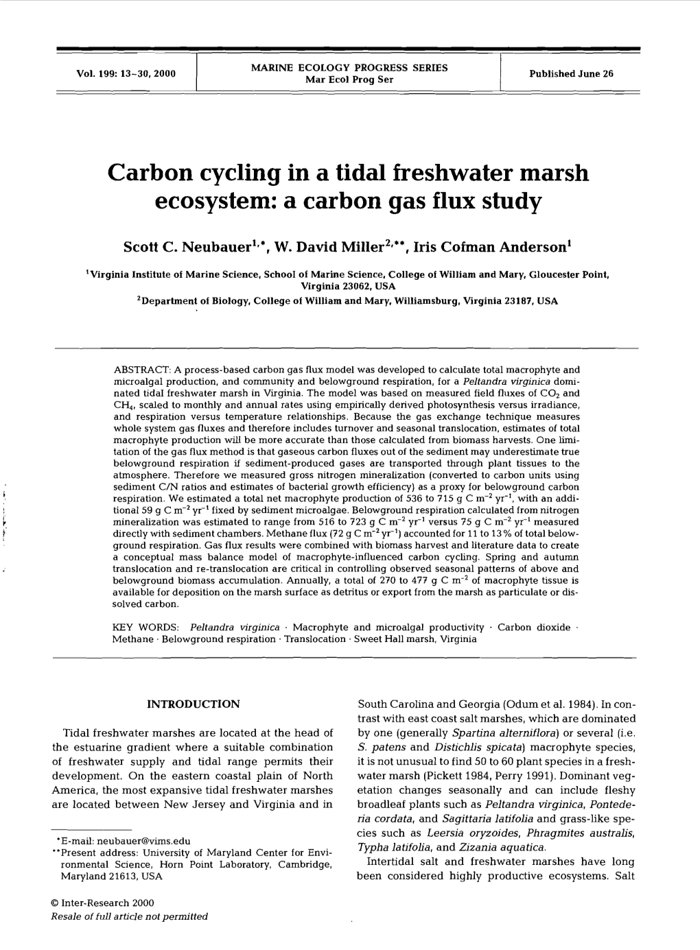 Carbon Cycling in a Tidal Freshwater Marsh Ecosvstem: a Carbon Cras Flux Studv