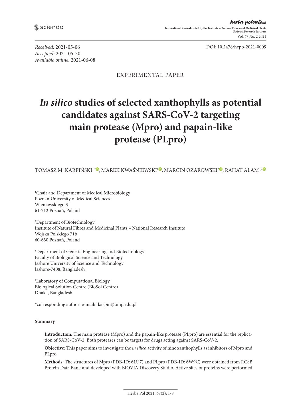 In Silico Studies of Selected Xanthophylls As Potential Candidates Against SARS-Cov-2 Targeting Main Protease (Mpro) and Papain-Like Protease (Plpro)