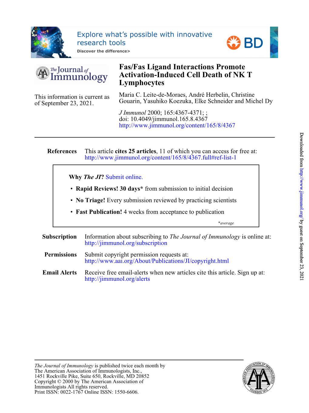 Fas/Fas Ligand Interactions Promote Activation-Induced Cell Death of NK T Lymphocytes