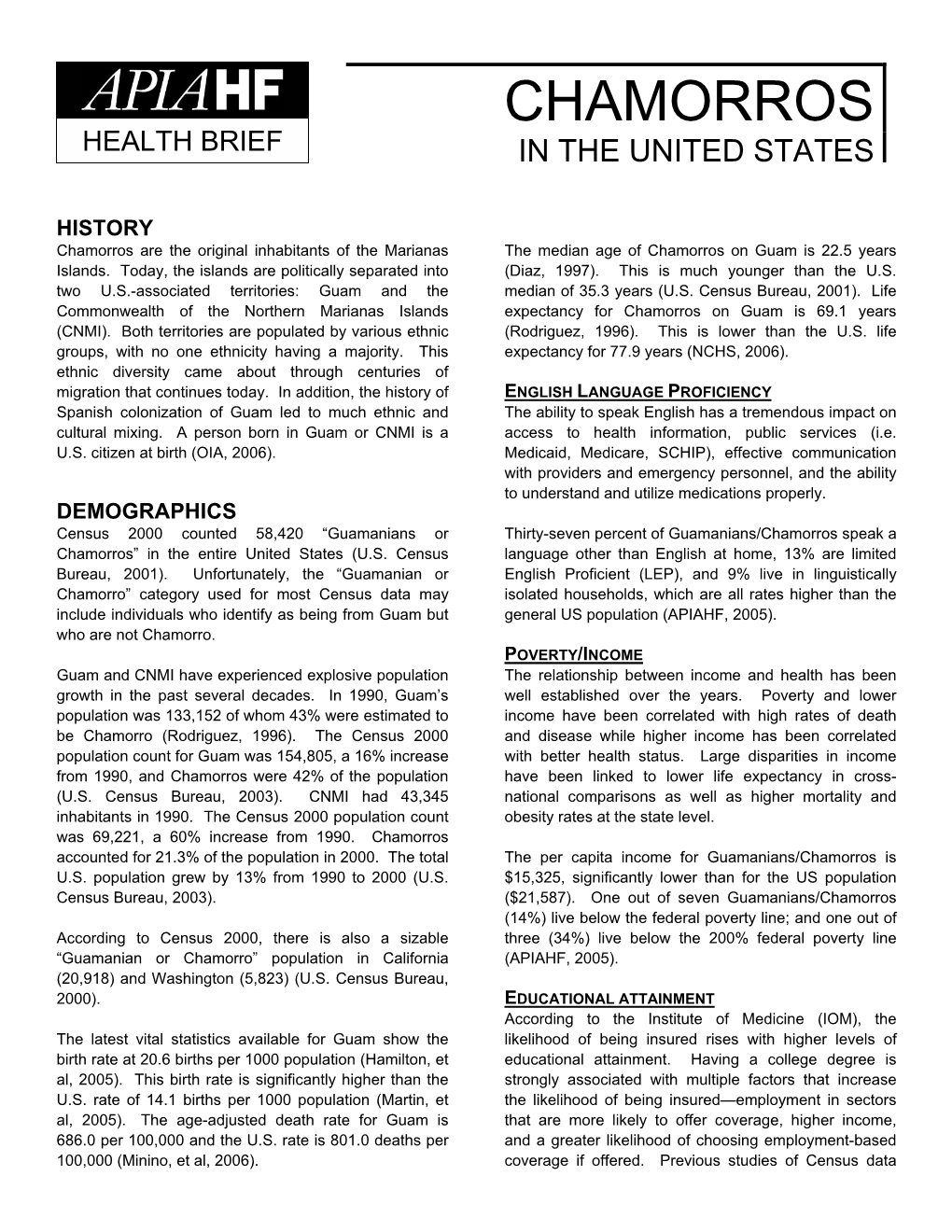 Chamorros Health Brief in the United States