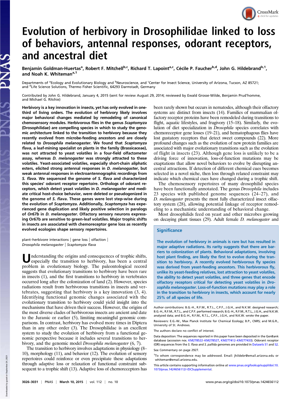 Evolution of Herbivory in Drosophilidae Linked to Loss of Behaviors, Antennal Responses, Odorant Receptors, and Ancestral Diet