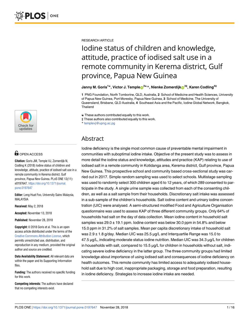 Iodine Status of Children and Knowledge, Attitude, Practice of Iodised Salt Use in a Remote Community in Kerema District, Gulf Province, Papua New Guinea