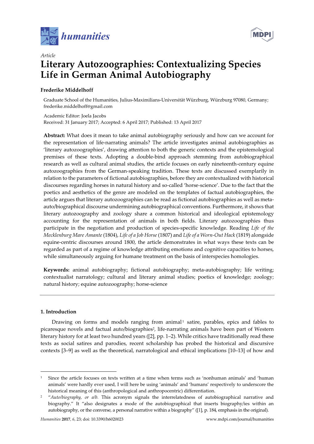 Literary Autozoographies: Contextualizing Species Life in German Animal Autobiography