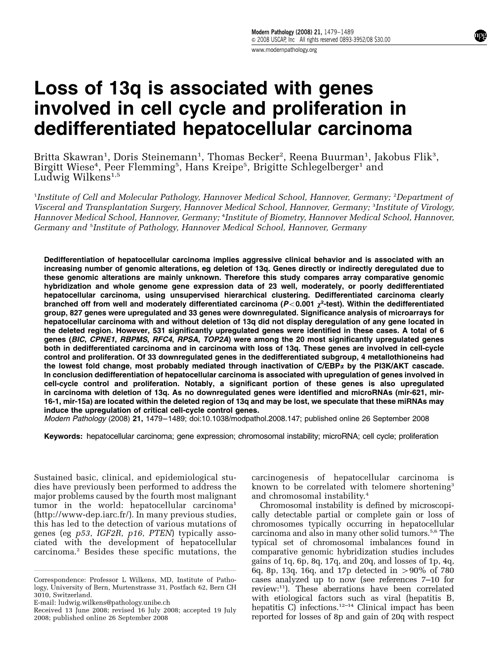 Loss of 13Q Is Associated with Genes Involved in Cell Cycle and Proliferation in Dedifferentiated Hepatocellular Carcinoma