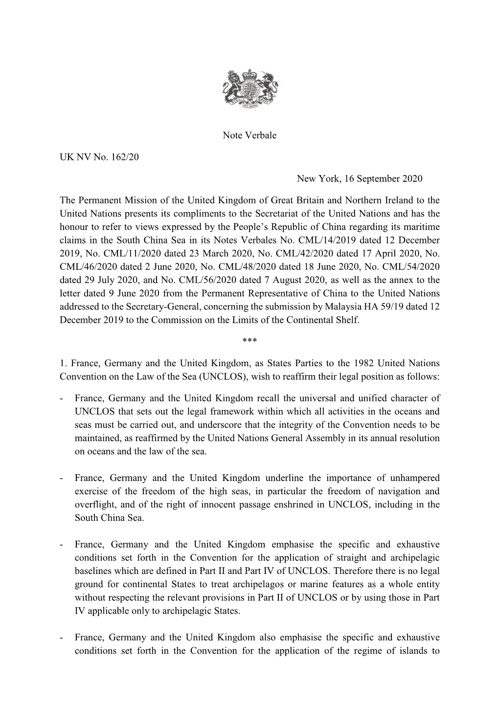 Note Verbale UK NV No. 162/20 New York, 16 September 2020 the Permanent Mission of the United Kingdom of Great Britain and North