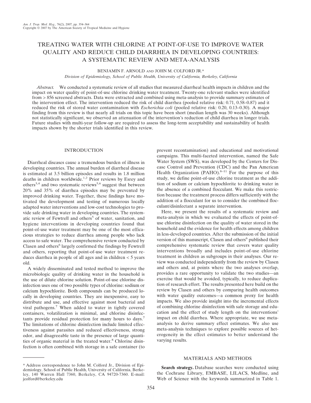 Treating Water with Chlorine at Point-Of-Use to Improve Water Quality and Reduce Child Diarrhea in Developing Countries: a Systematic Review and Meta-Analysis