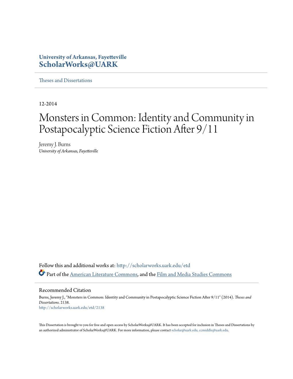 Identity and Community in Postapocalyptic Science Fiction After 9/11 Jeremy J