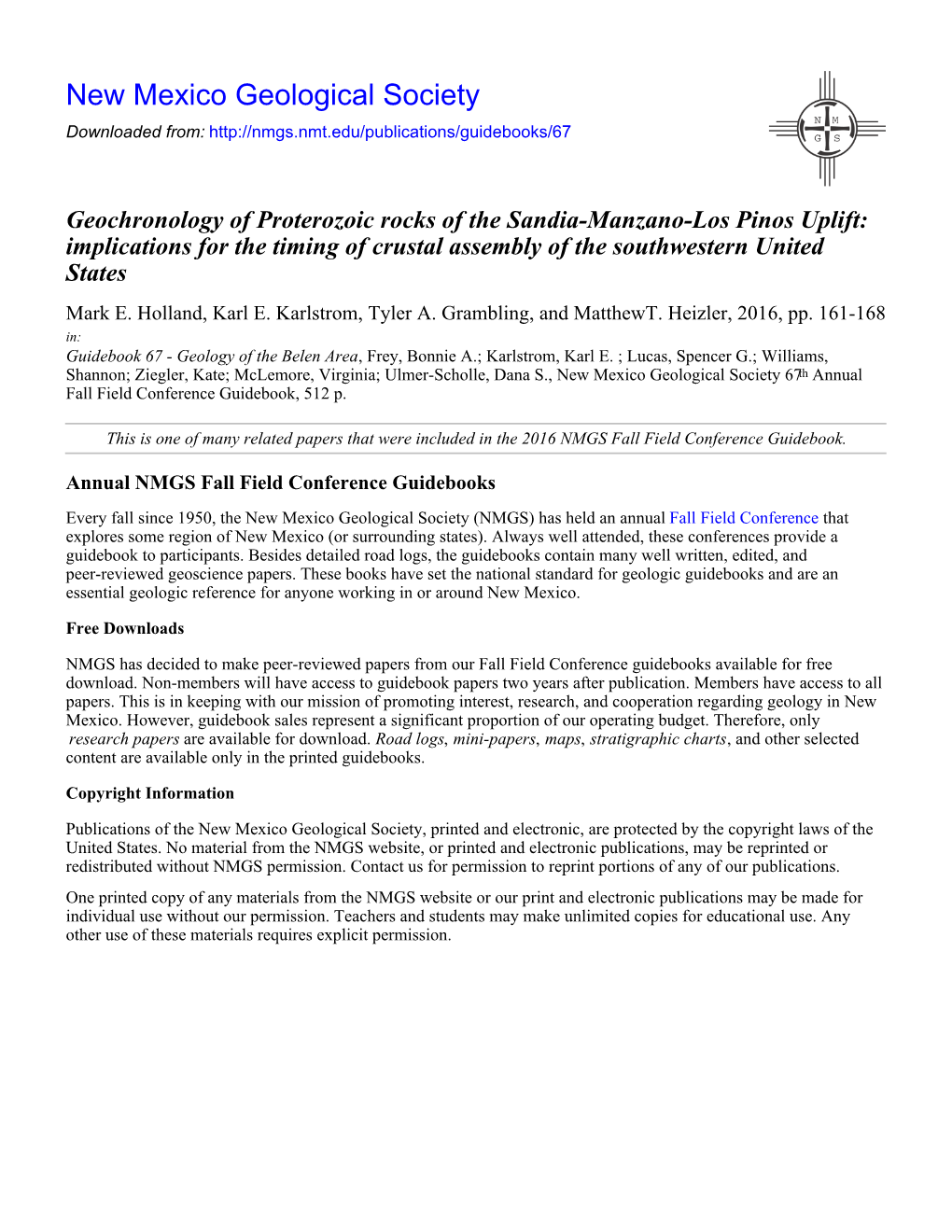 Geochronology of Proterozoic Rocks of the Sandia-Manzano-Los Pinos Uplift: Implications for the Timing of Crustal Assembly of the Southwestern United States Mark E