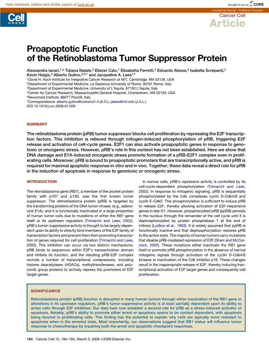 Proapoptotic Function of the Retinoblastoma Tumor Suppressor Protein