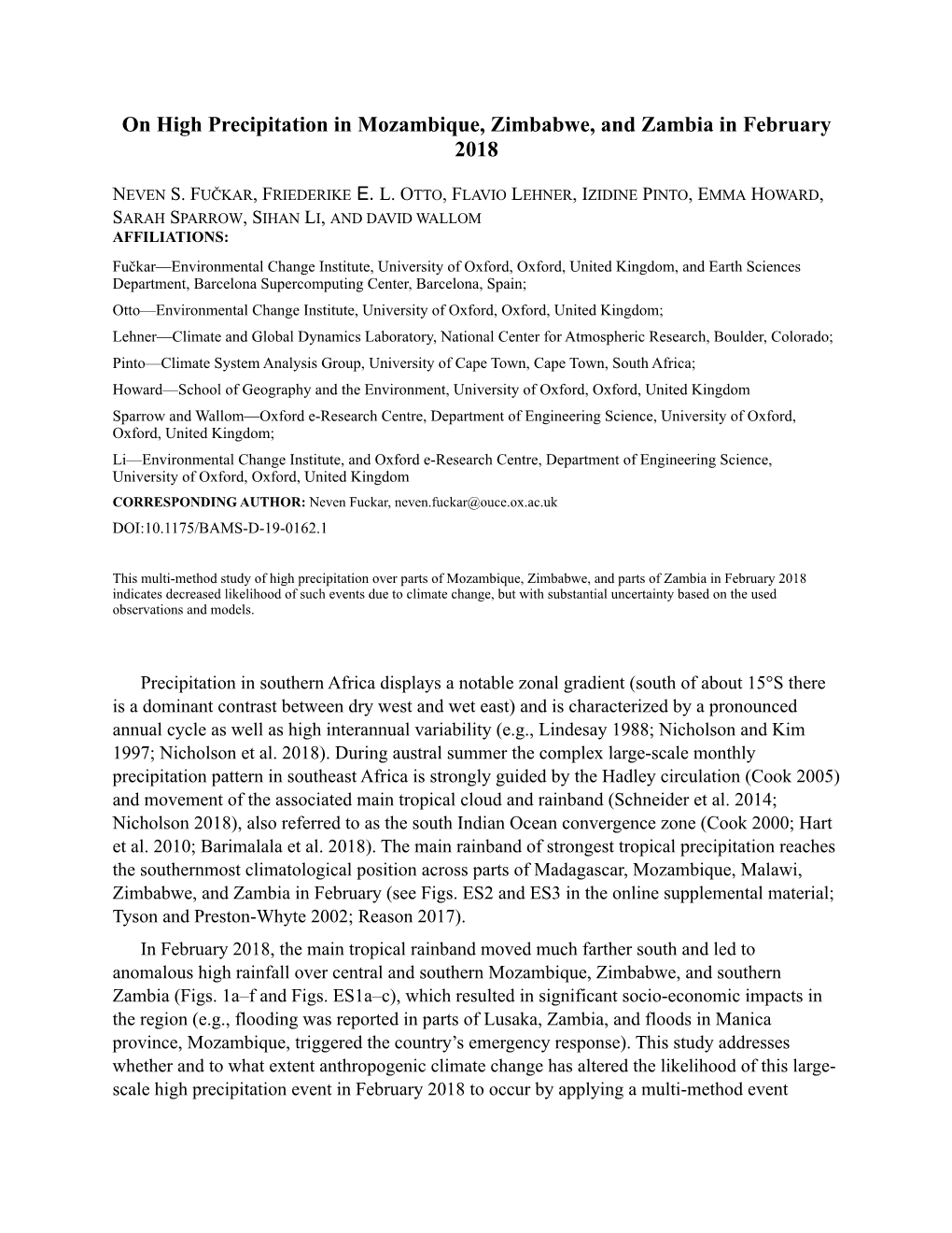 On High Precipitation in Mozambique, Zimbabwe, and Zambia in February 2018