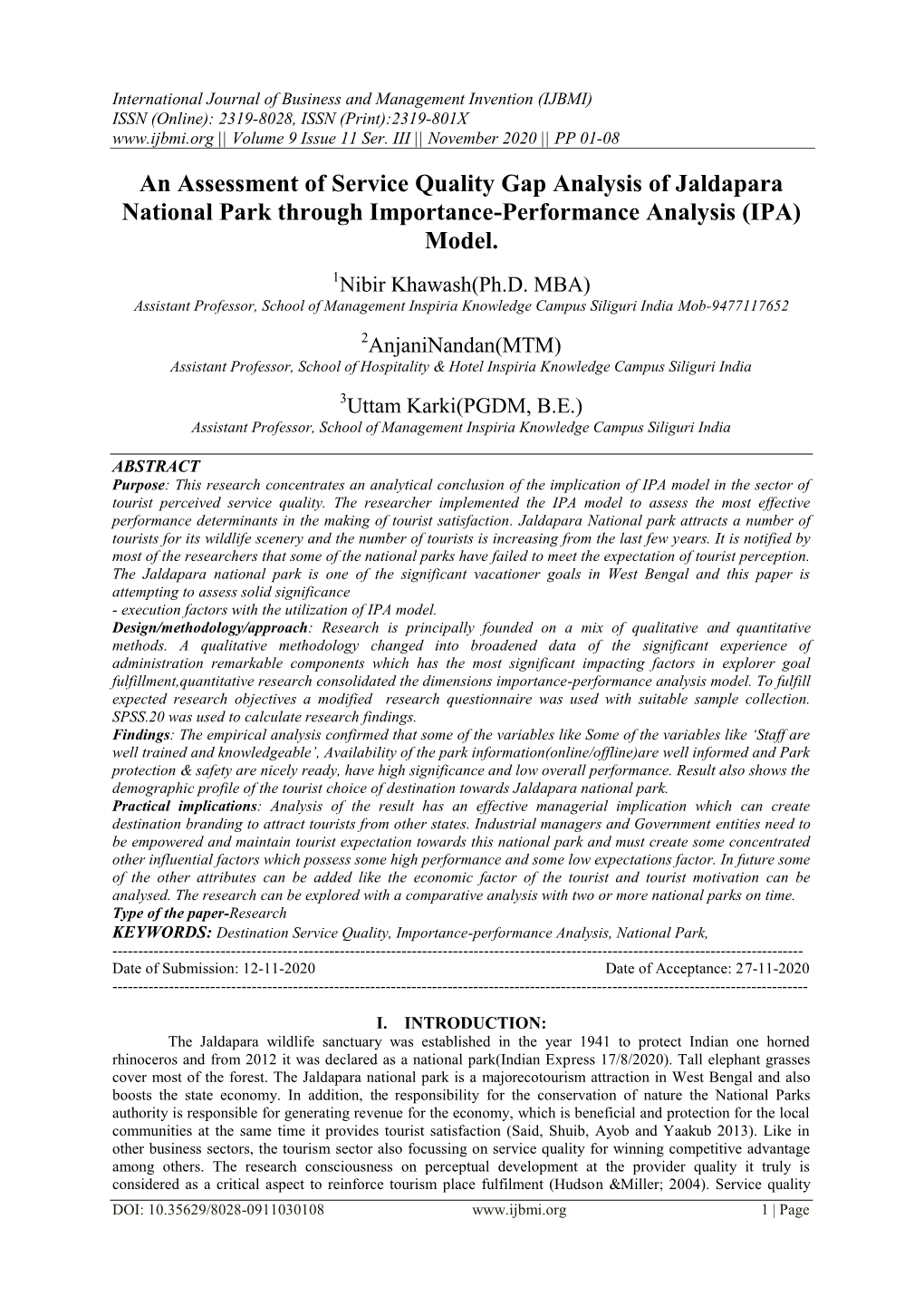 An Assessment of Service Quality Gap Analysis of Jaldapara National Park Through Importance-Performance Analysis (IPA) Model