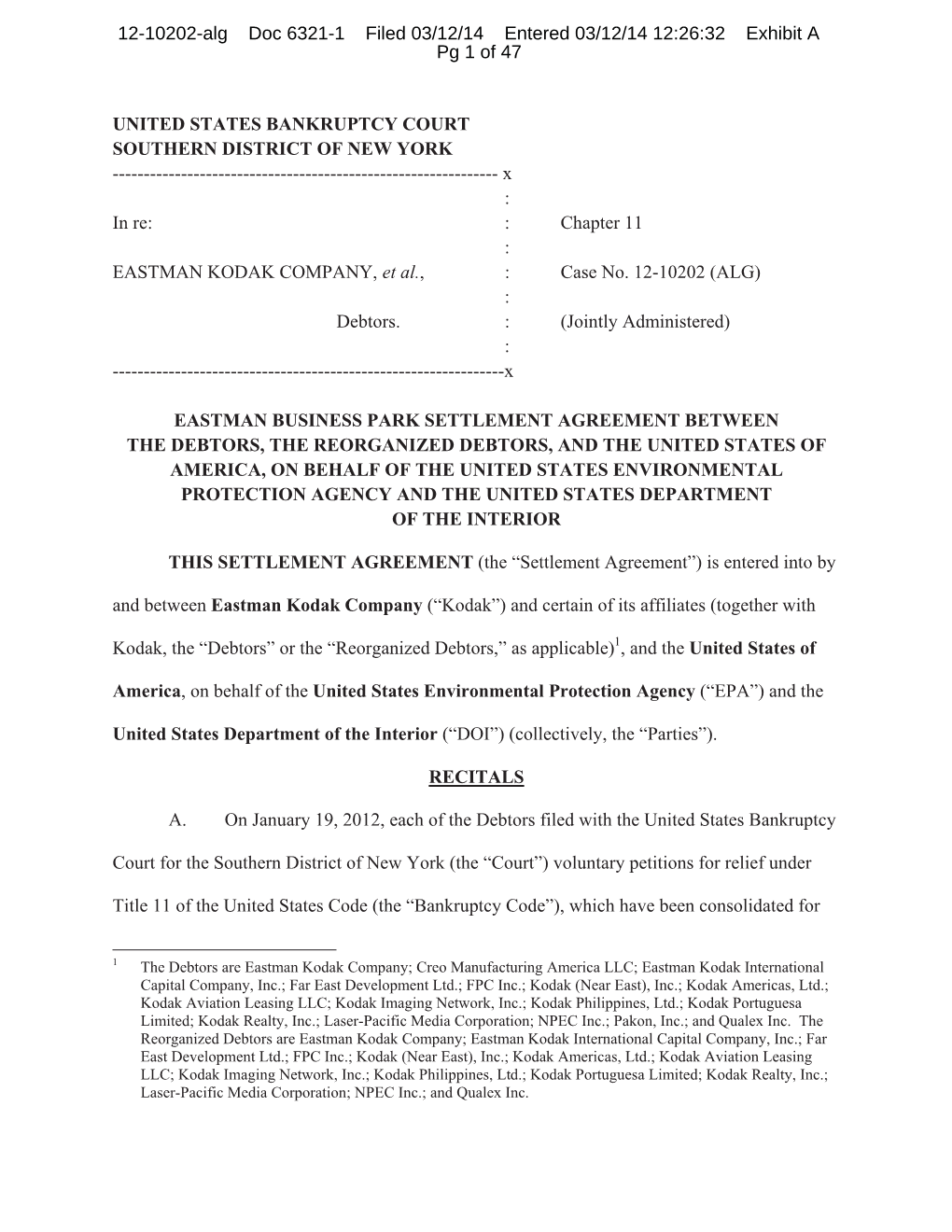 Settlement Agreement and Funding Agreement for Kodak Bankruptcy