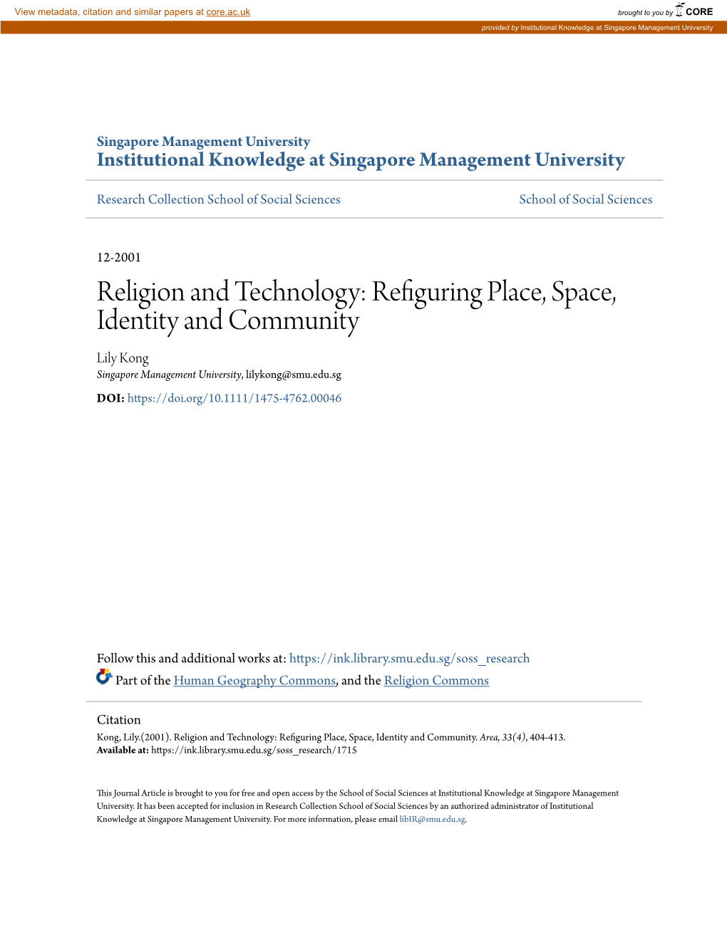 Religion and Technology: Refiguring Place, Space, Identity And
