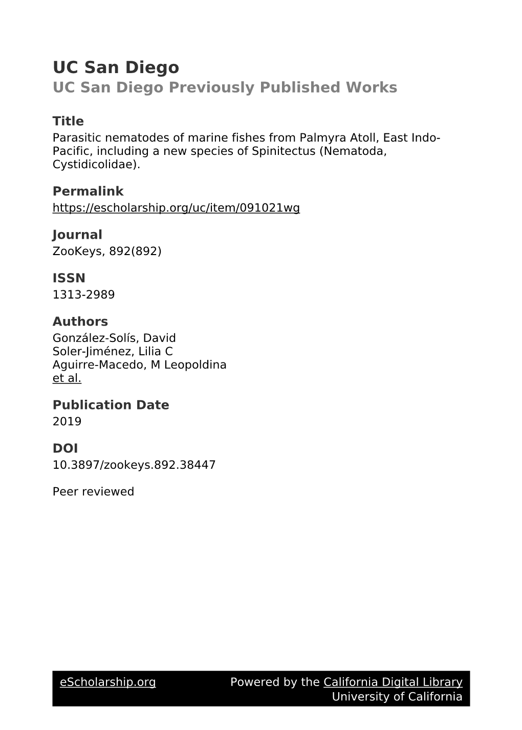 Parasitic Nematodes of Marine Fishes from Palmyra Atoll, East Indo- Pacific, Including a New Species of Spinitectus (Nematoda, Cystidicolidae)