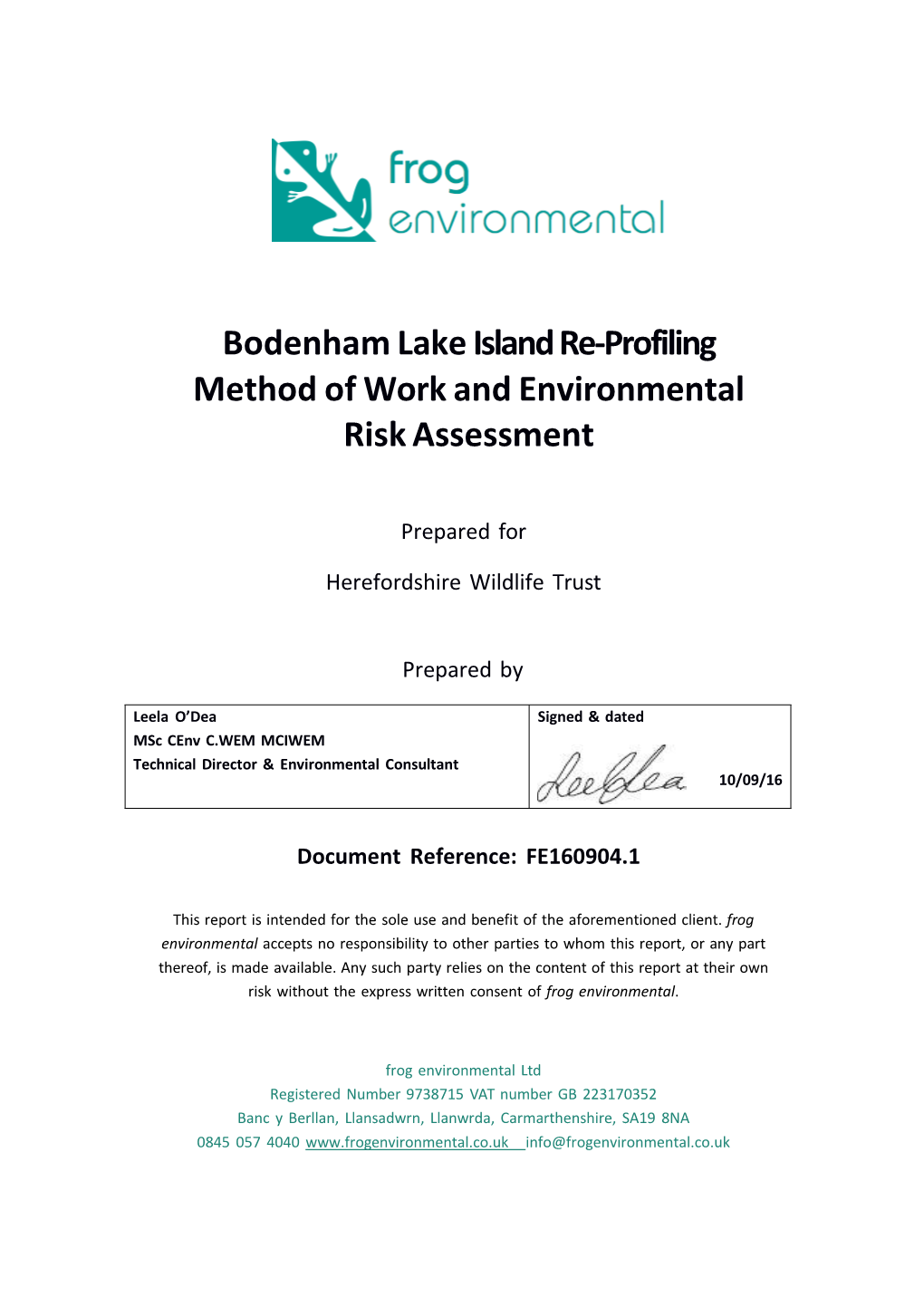 Bodenham Lake Island Re-Profiling Method of Work and Environmental Risk Assessment