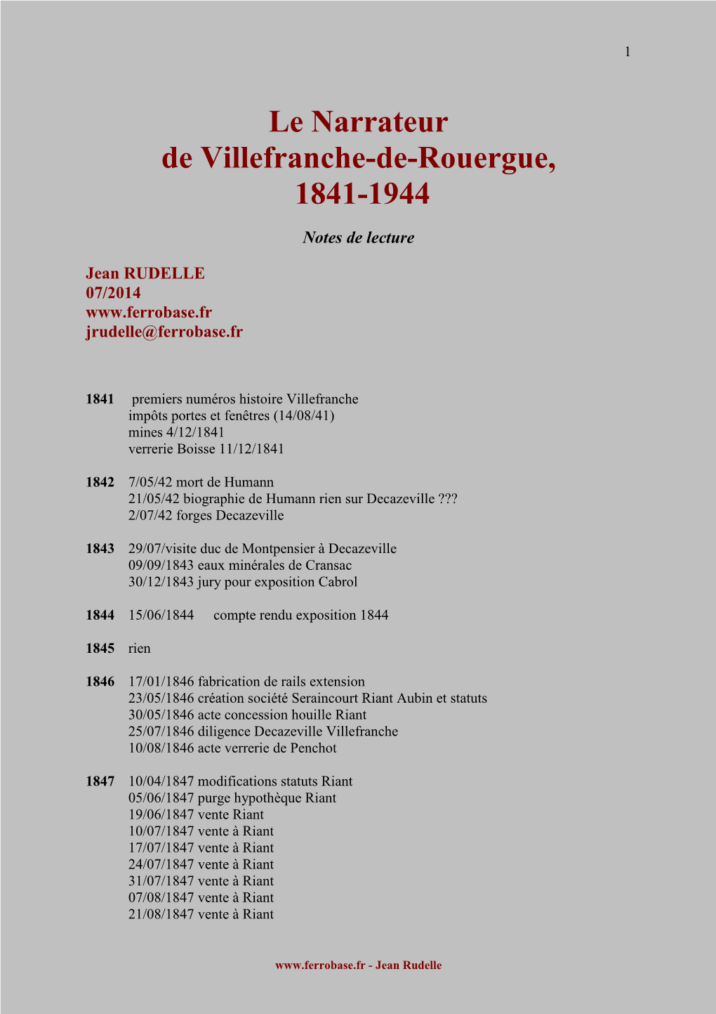 Le Narrateur De Villefranche-De-Rouergue, 1841-1944
