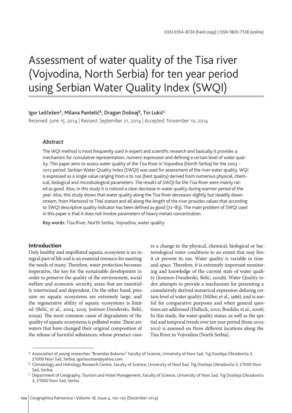 Assessment of Water Quality of the Tisa River (Vojvodina, North Serbia) for Ten Year Period Using Serbian Water Quality Index (SWQI)