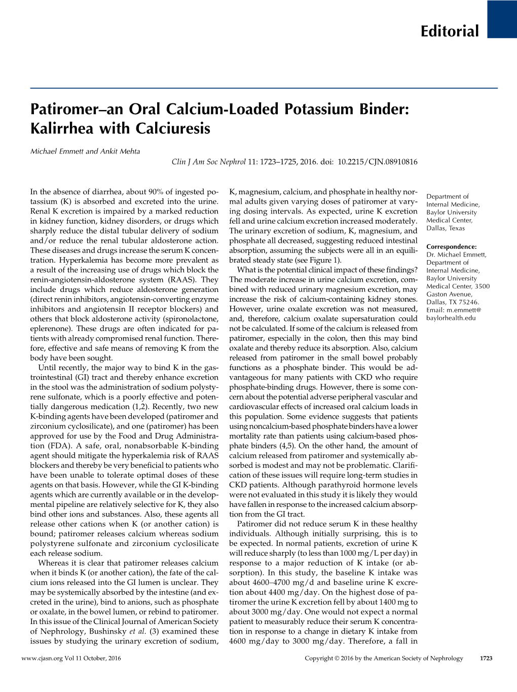 Patiromer–An Oral Calcium-Loaded Potassium Binder: Kalirrhea with Calciuresis