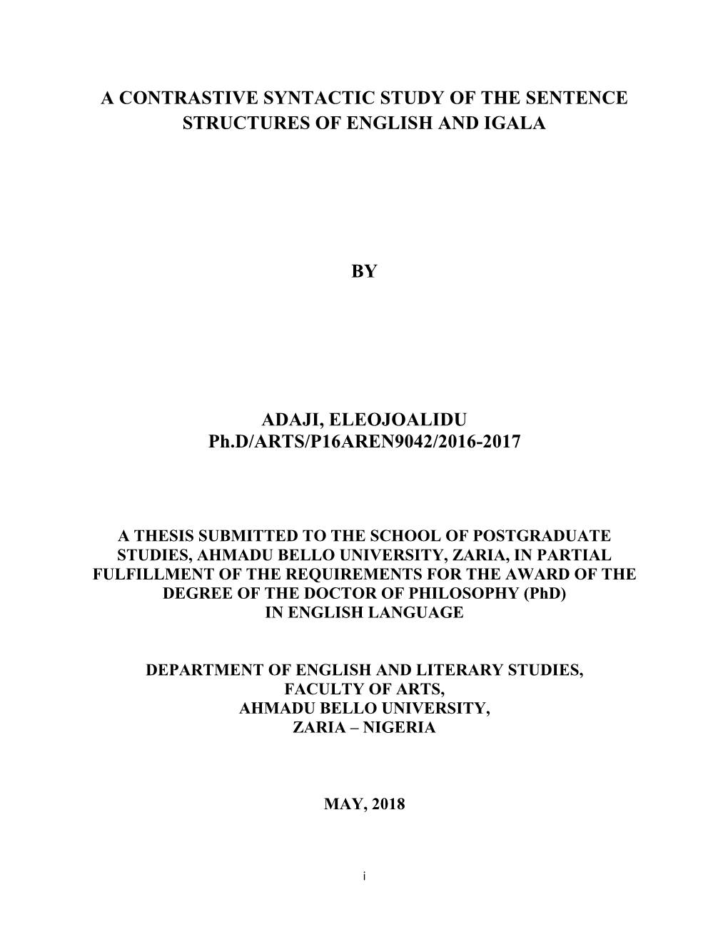 A Contrastive Syntactic Study of the Sentence Structures of English and Igala