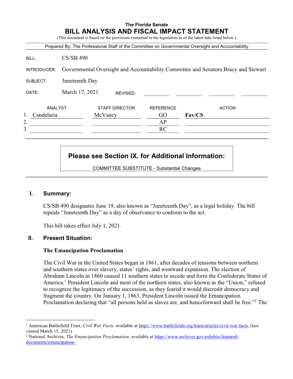 BILL ANALYSIS and FISCAL IMPACT STATEMENT Please See Section