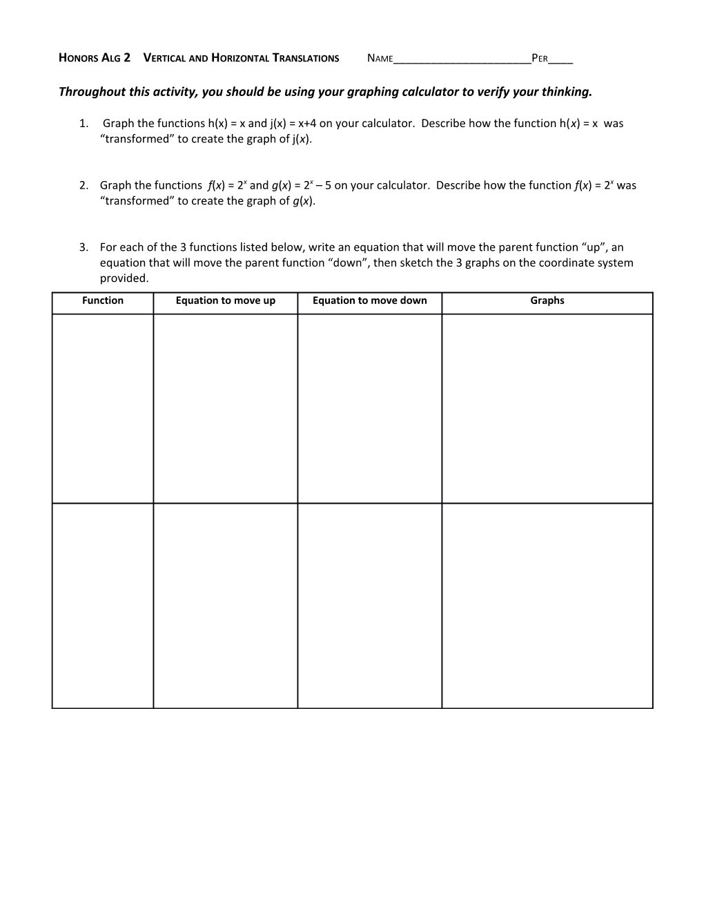 Honors Alg 2 Vertical and Horizontal Translations Name______Per____