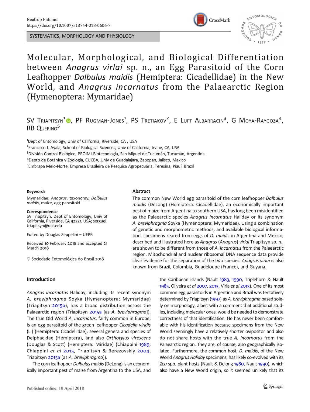 Molecular, Morphological, and Biological Differentiation Between Anagrus Virlai Sp